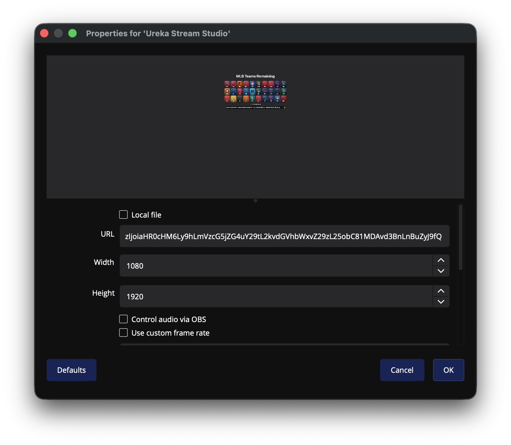 OBS Browser Source properties with Ureka URL, width 1080 and height 1920